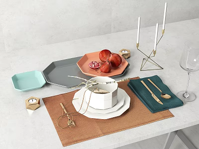 Modern Multicolor Dinnerware Set With Plates Bowl Napkins Cutlery And Wine Glass On White Tabletop 3d model