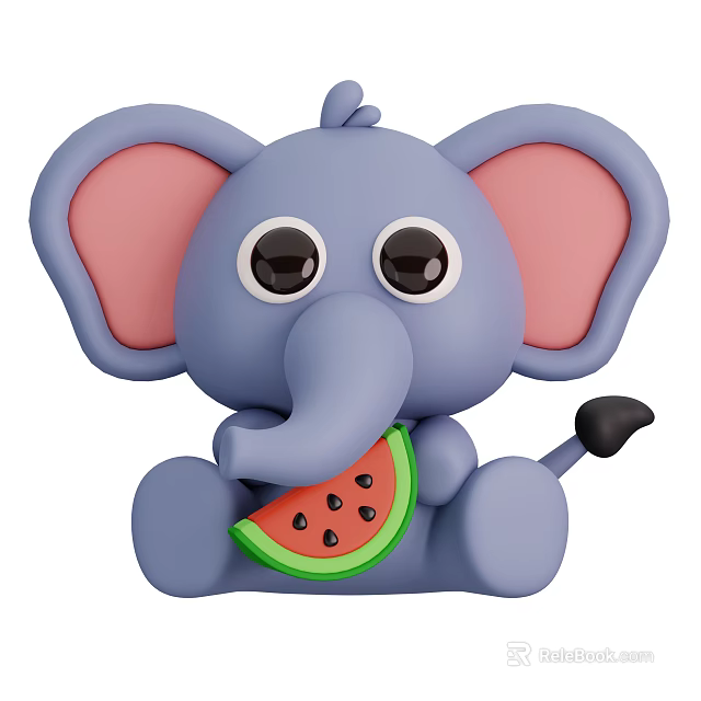 Cute Blue Elephant with Pink Ears Holding Watermelon Slice as Cartoon Stuffed Toy 3d model 