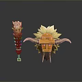 Serrated Blade Weapon With Wooden Texture Red Accents And Sharp Design Details