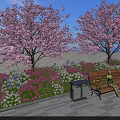 Vibrant Plant Combination with Pink Flowering Trees and Colorful Flowers in Outdoor Waterfront Area