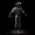 Man Standing Wearing Wide Brimmed Hat Green And Gray Robe With Belt Tools Holding Axe