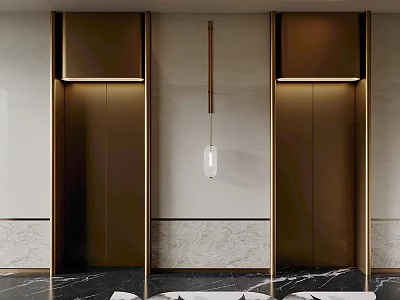 Modern Golden Elevator Design With Dual Doors Marble Wall And Pendant Light 3d model