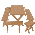 Sturdy Wooden Outdoor Table With Matching Benches And Stools For Garden Use