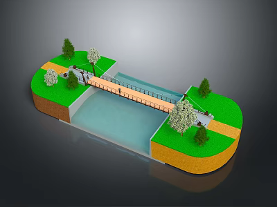 Scenic Natural Landscape With Lush Green Grass Trees And Bridge Over Water Channel 3d model