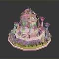 Pink Carved Dome Pavilion With Surrounding Pink Purple Flowers And Hexagonal Base In Garden