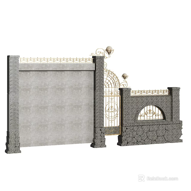 Elegant Wrought Iron Gate With Stone Wall Ornate Railings Arch Design And Decorative Lamps 3d model 