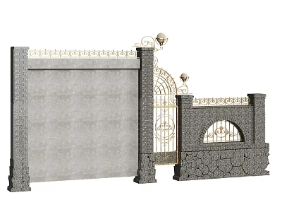 Elegant Wrought Iron Gate With Stone Wall Ornate Railings Arch Design And Decorative Lamps 3d model