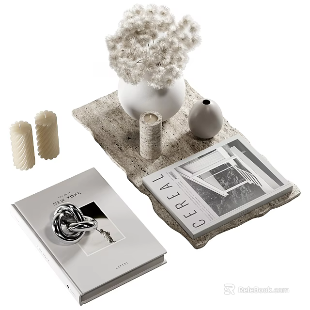 Modern Home Decorative Ornament Set With White Bouquet Vase Candles Gray Tray And Magazines 3d model 