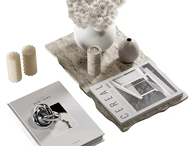 Modern Home Decorative Ornament Set With White Bouquet Vase Candles Gray Tray And Magazines 3d model