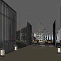 Modern Hotel Corridor Interior With Black Vertical Screens And Lantern Lighting 3d model