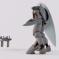 3D Model of Mech Robot With Shield and Small Aircraft in Scene