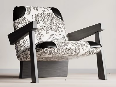 Modern Accent Chair Featuring Black and White Pattern and Dark Wooden Armrests and Legs 3d model