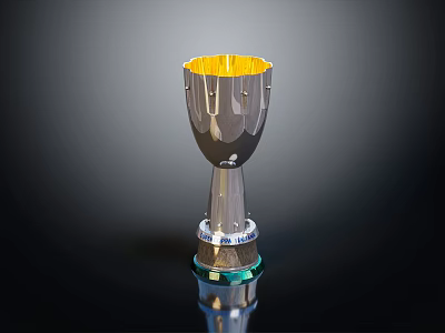 Shiny Silver Trophy With Golden Interior And Decorative Base On Reflective Black Surface 3d model