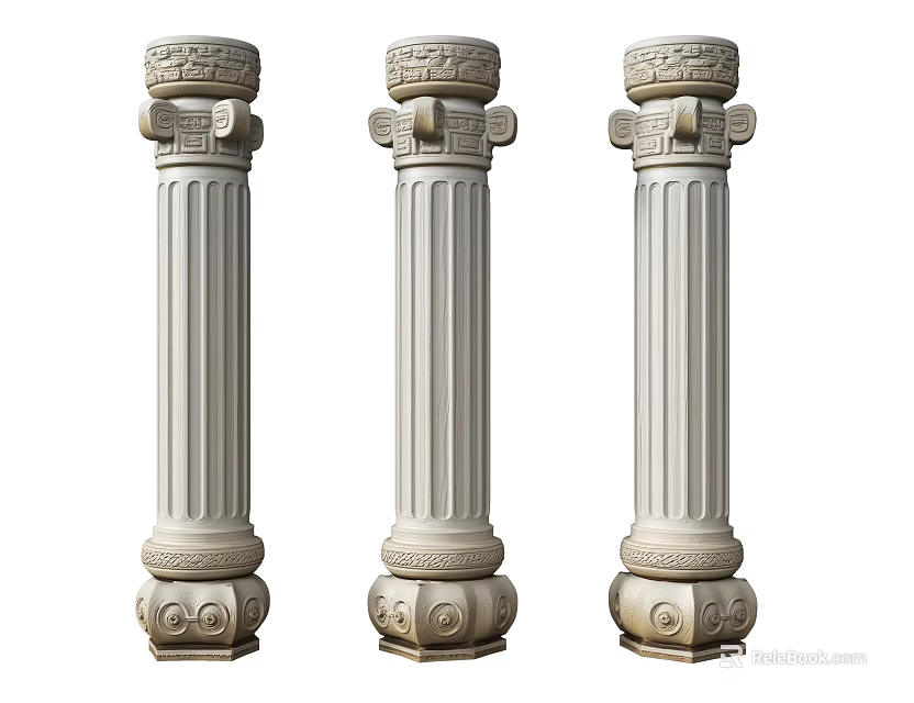 Three Classical Carved Decorative Columns With Ornate Tops And Base Details 3d model 