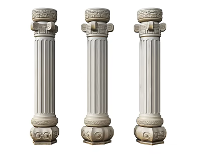 Three Classical Carved Decorative Columns With Ornate Tops And Base Details 3d model