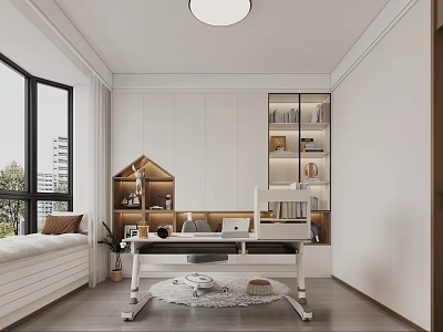 Modern Minimalist Study Room Interior With Window Seat Desk Bookshelves And Potted Plant 3d model