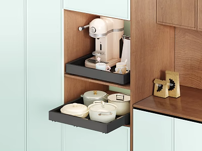 Modern Kitchen Storage Cabinet With Organized Drawers Holding Coffee Machine And Lidded Containers 3d model