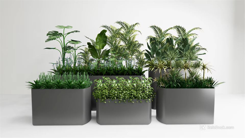 Green Leafy Potted Plants in Gray Containers for Modern Interior Decor 3d model