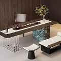 Modern Tea Table and Chairs with Marble Top Chair Bench Green Plant and Tea Set