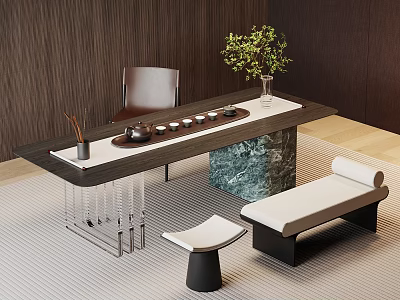 Modern Tea Table and Chairs with Marble Top Chair Bench Green Plant and Tea Set 3d model