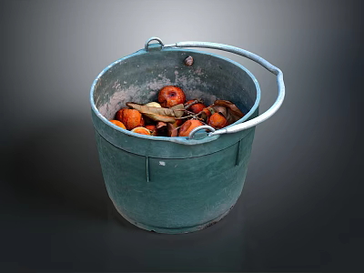 Fresh Orange Fruits In Green Bucket With Dried Leaves And Natural Produce 3d model