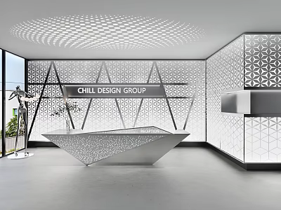 Modern Reception Desk With Geometric Wall Patterns And Spacious Interior Lighting Design 3d model