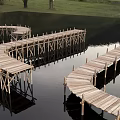 Wooden Boardwalk Structures With Curved And Straight Paths On Calm Water