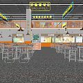 Restaurant Interior Design With Metal Tables Chairs Pendant Lights Decorative Signs And Terrazzo Floor
