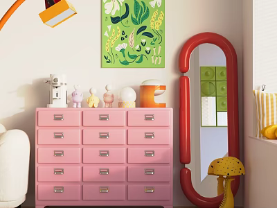 Pink Console Cabinet With Multiple Drawers Green Plant Painting Red Mirror And Decorative Items 3d model