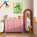 Pink Console Cabinet With Multiple Drawers Green Plant Painting Red Mirror And Decorative Items
