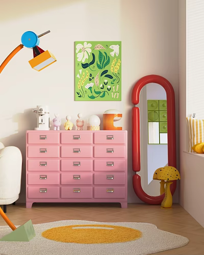 Pink Console Cabinet With Multiple Drawers Green Plant Painting Red Mirror And Decorative Items 3d model