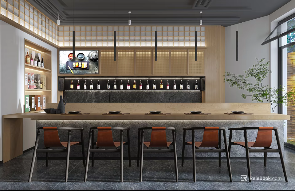 Modern Restaurant Interior With Wooden Bar Counter Leather Seats Wine Racks And Hanging Lights 3d model 