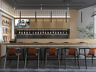Modern Restaurant Interior With Wooden Bar Counter Leather Seats Wine Racks And Hanging Lights 3d model