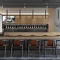 Modern Restaurant Interior With Wooden Bar Counter Leather Seats Wine Racks And Hanging Lights
