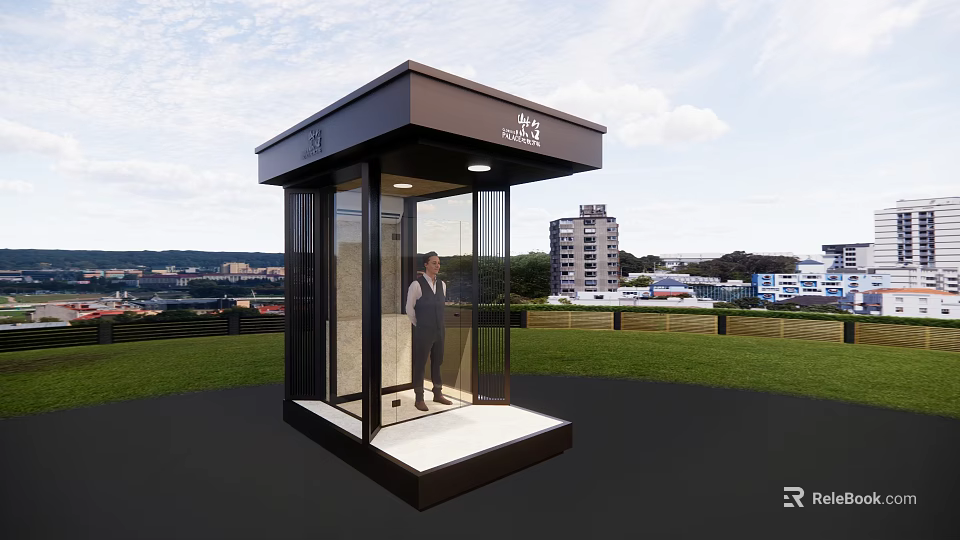 Modern Glass Security Booth With Guard And City View Background 3d model 