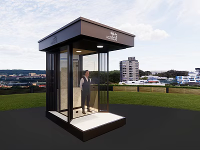 Modern Glass Security Booth With Guard And City View Background 3d model