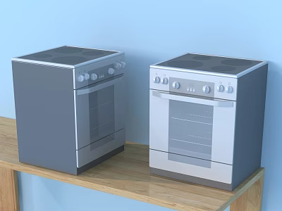 Two Modern Kitchen Ovens As Sleek Appliances On Wooden Counter Against Light Blue Wall 3d model