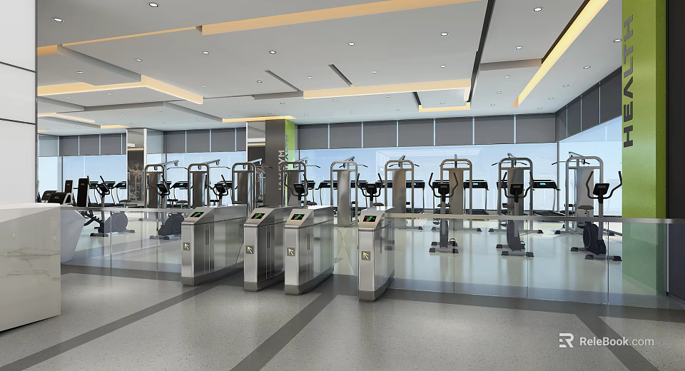 Modern Fitness Gym Interior With Multiple Workout Machines And Entry Turnstiles 3d model 