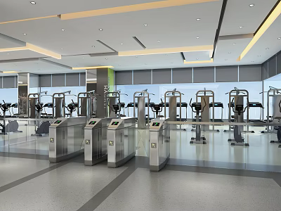 Modern Fitness Gym Interior With Multiple Workout Machines And Entry Turnstiles 3d model