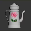 White Decorative Water Kettle with Pink Flower and Green Leaves for Home Use