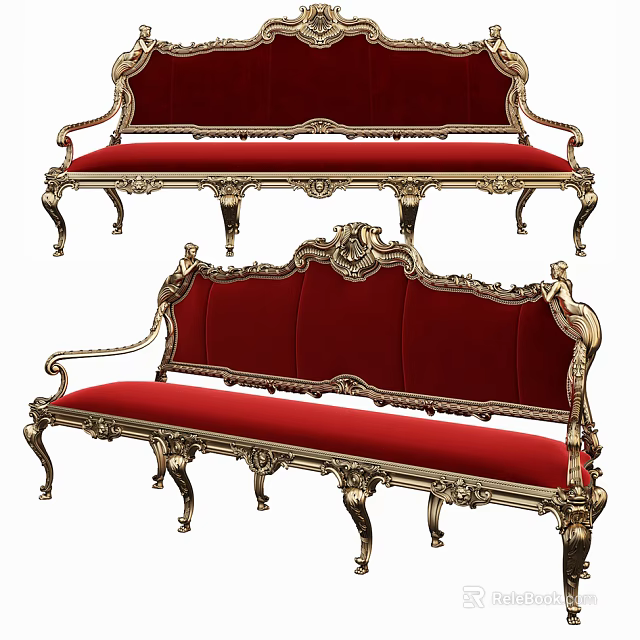 Ornate Three Seater Sofa With Red Velvet Upholstery And Gold Carved Details 3d model 