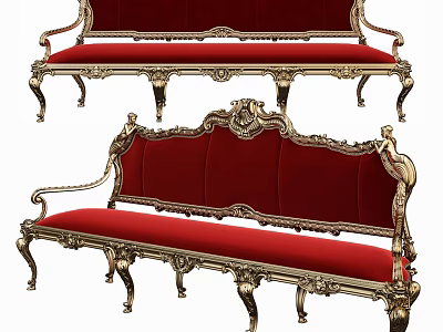 Ornate Three Seater Sofa With Red Velvet Upholstery And Gold Carved Details 3d model