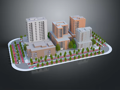 Cartoon City Scene With 3D Model Apartment Buildings Roads Trees And Vehicles 3d model