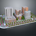 Cartoon City Scene With 3D Model Apartment Buildings Roads Trees And Vehicles