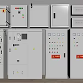 Industrial Electrical Control Cabinets Various Sizes With Control Panels Indicator Lights And Safety Signs