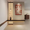 Modern Chinese Entryway with Red Mosaic Art Hollow-out Screen Wooden Bench Black Vase Flowers