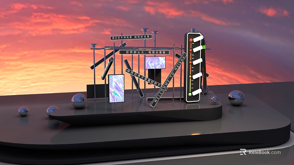Modern Art Installation Against Vibrant Sunset Sky With Geometric Metal Frames Screens And Spheres 3d model 