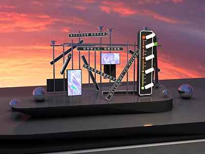 Modern Art Installation Against Vibrant Sunset Sky With Geometric Metal Frames Screens And Spheres 3d model