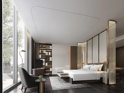 Modern Hotel Room Interior With King Bed Large Window And Wooden Furniture 3d model