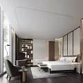 Modern Hotel Room Interior With King Bed Large Window And Wooden Furniture